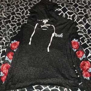 Pink pullover top with hoodie